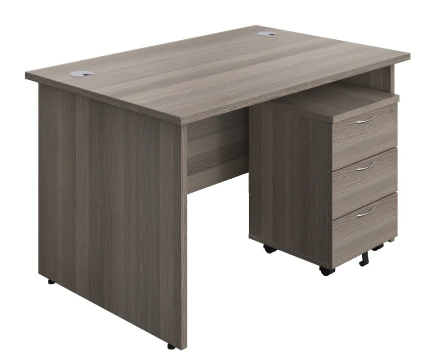 Panel Ended Rectangular Desk & 3 Drawer Pedestal Bundle Desks TC Group Grey Oak 1200mm x 600mm 