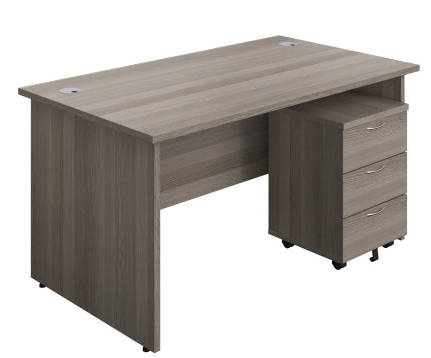 Panel Ended Rectangular Desk & 3 Drawer Pedestal Bundle Desks TC Group Grey Oak 1400mm x 600mm 