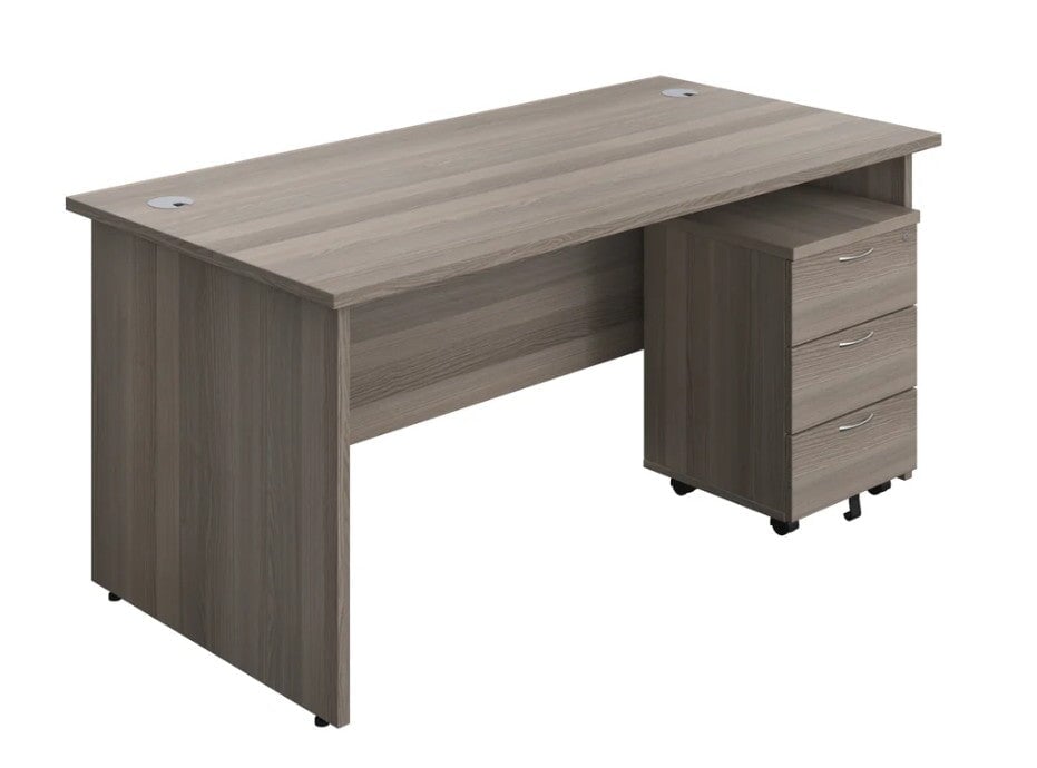 Panel Ended Rectangular Desk & 3 Drawer Pedestal Bundle Desks TC Group Grey Oak 1600mm x 800mm 