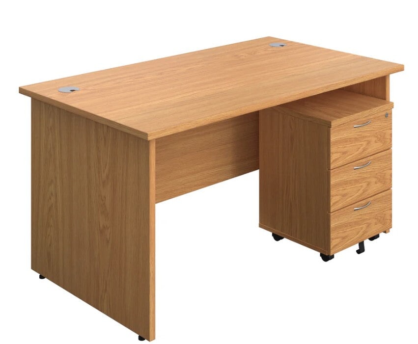 Panel Ended Rectangular Desk & 3 Drawer Pedestal Bundle Desks TC Group Oak 1400mm x 600mm 