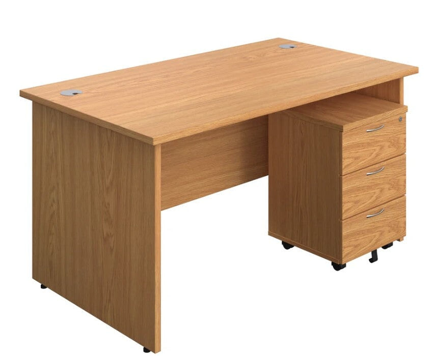Panel Ended Rectangular Desk & 3 Drawer Pedestal Bundle Desks TC Group Oak 1400mm x 800mm 