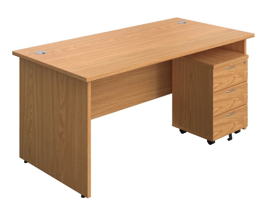Panel Ended Rectangular Desk & 3 Drawer Pedestal Bundle Desks TC Group Oak 1600mm x 600mm 