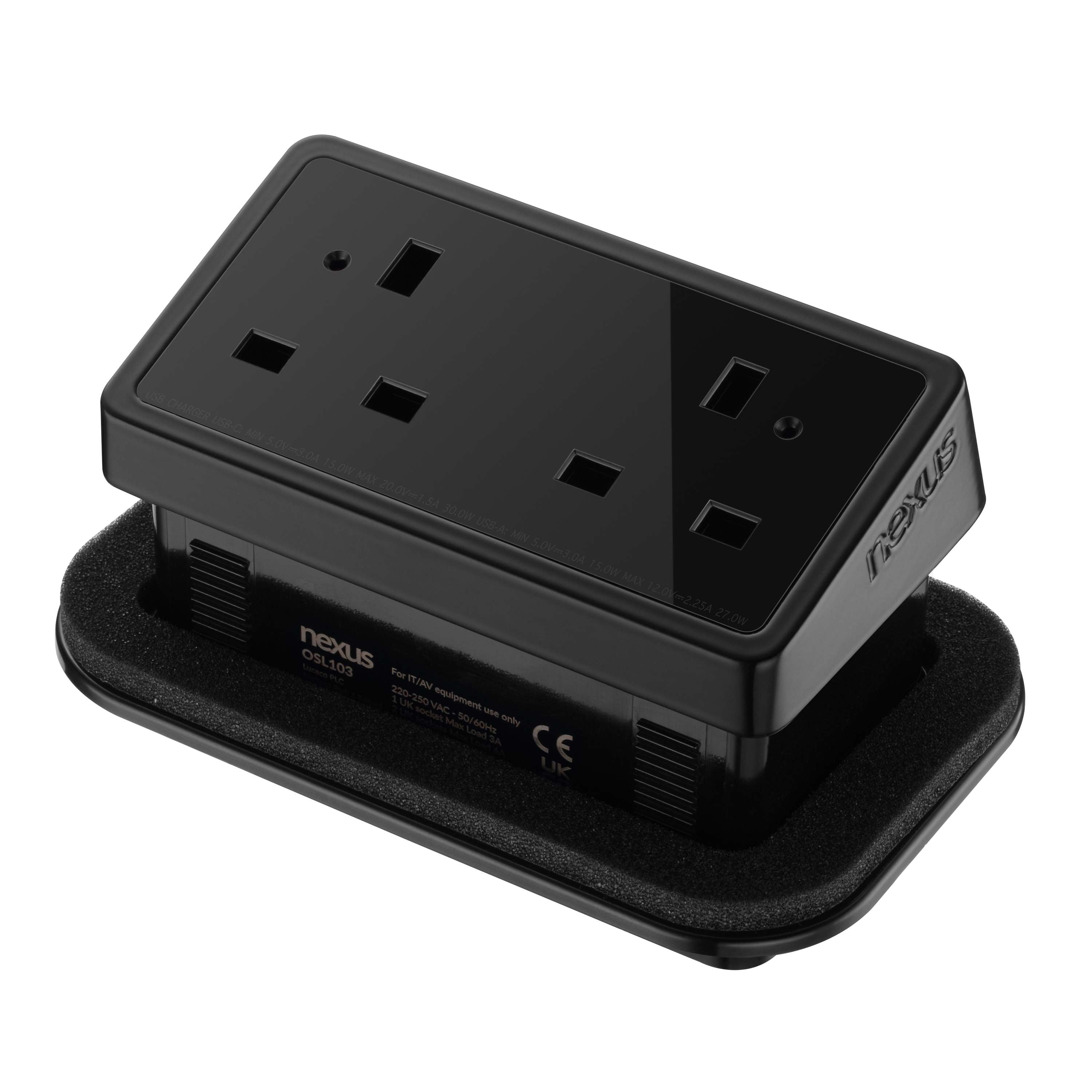 Rectangular In-Desk Power Module + 3 Metre Mains Cable Bundle Furniture>Accessories>Accessories>Nexus TC Group 1 Outlet 30W USB-C and 27W USB-A Black/Black