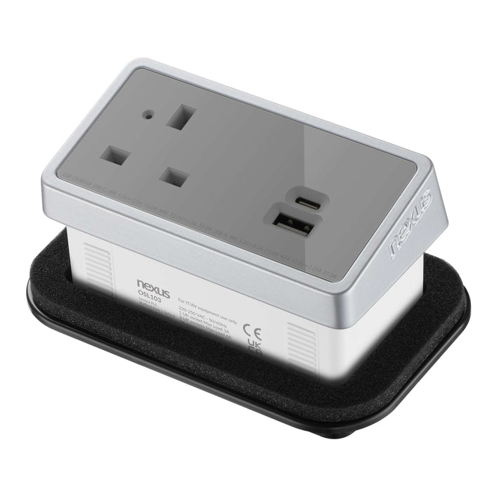 Rectangular In-Desk Power Module + 3 Metre Mains Cable Bundle Furniture>Accessories>Accessories>Nexus TC Group 1 Outlet 30W USB-C and 27W USB-A Silver/Grey