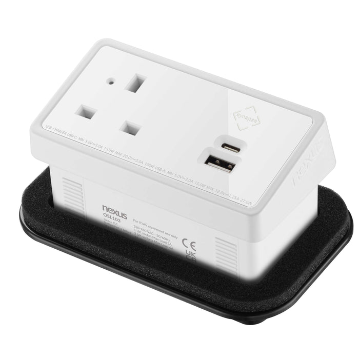 Rectangular In-Desk Power Module + 3 Metre Mains Cable Bundle Furniture>Accessories>Accessories>Nexus TC Group 1 Outlet 30W USB-C and 27W USB-A White/White