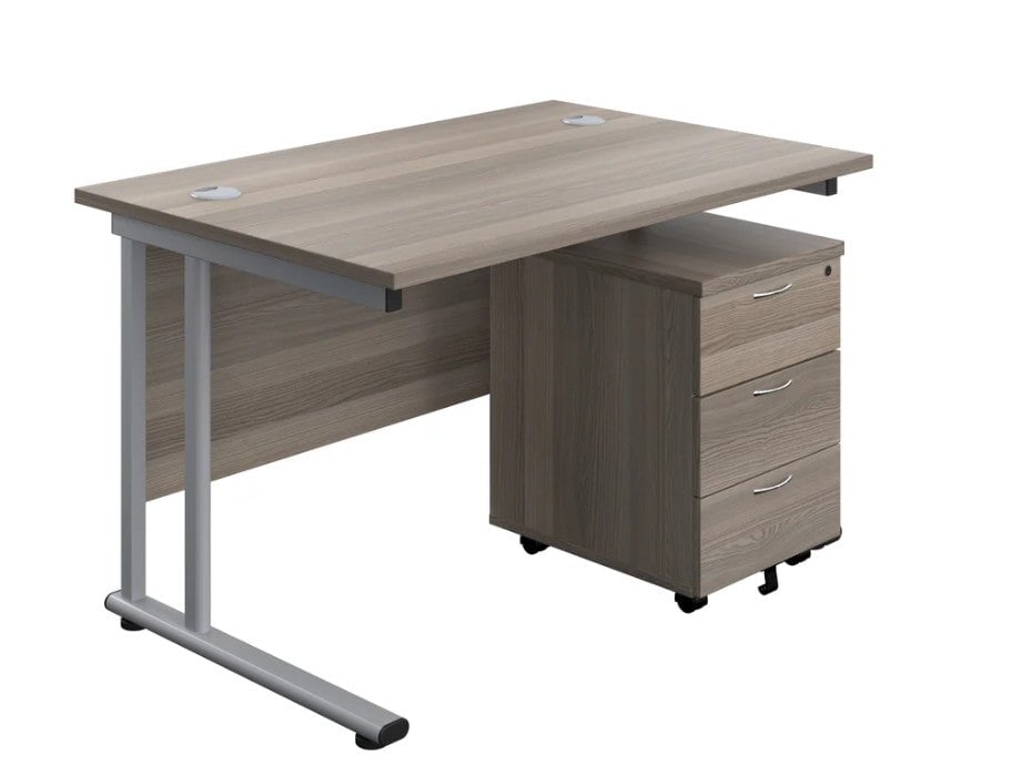 Start Next Day Delivery Cantilever Desk & Three Drawer Pedestal Bundle Grey Oak Desks TC Group Grey Oak 1200mm x 800mm Silver