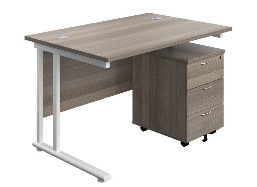 Start Next Day Delivery Cantilever Desk & Three Drawer Pedestal Bundle Grey Oak Desks TC Group Grey Oak 1600mm x 800mm White