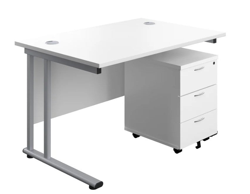 Start Next Day Delivery Cantilever Desk & Three Drawer Pedestal Bundle White Desks TC Group White 1200mm x 800mm Silver