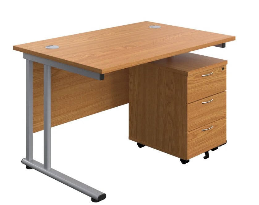 Start Next Day Delivery Oak Cantilever Desk & Three Drawer Pedestal Bundle Desks TC Group Oak 1200mm x 800mm Silver