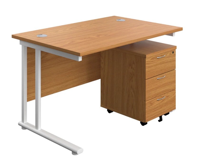 Start Next Day Delivery Oak Cantilever Desk & Three Drawer Pedestal Bundle