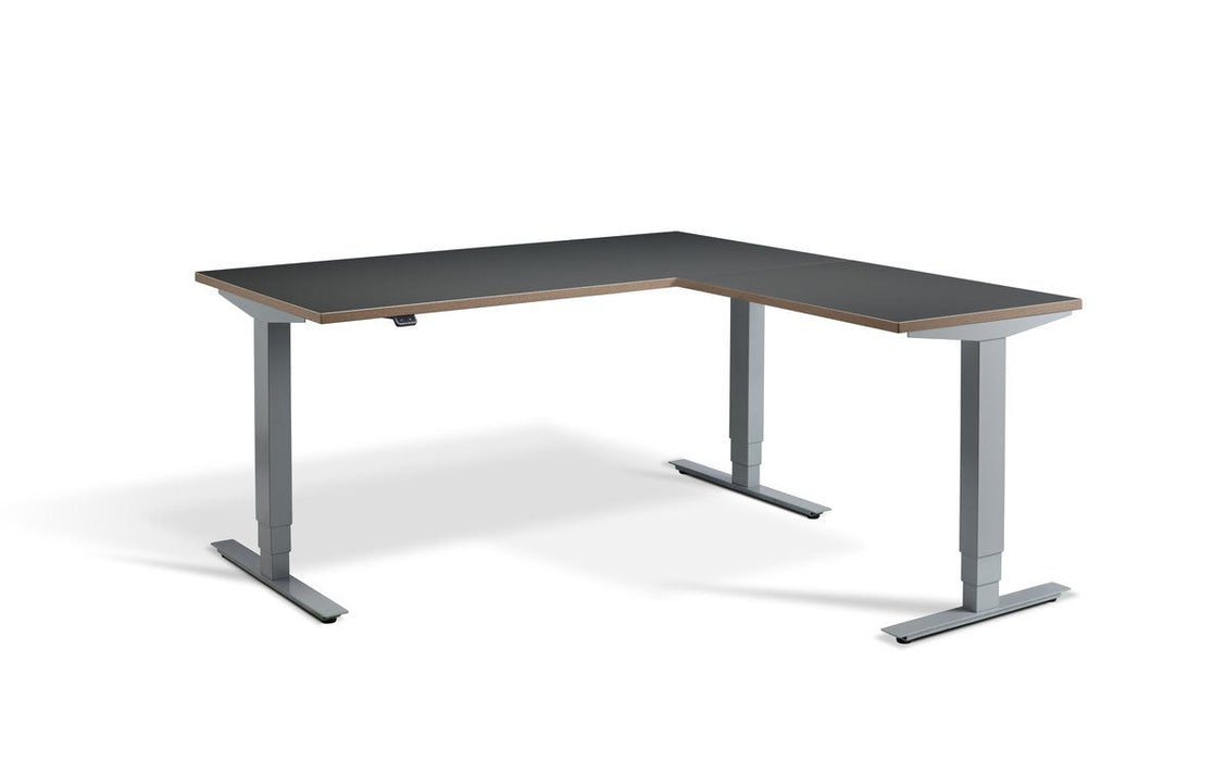 Advance Height Adjustable Corner Desk Desking Lavoro Silver 1600 x 1600 Graphite Ply Edge