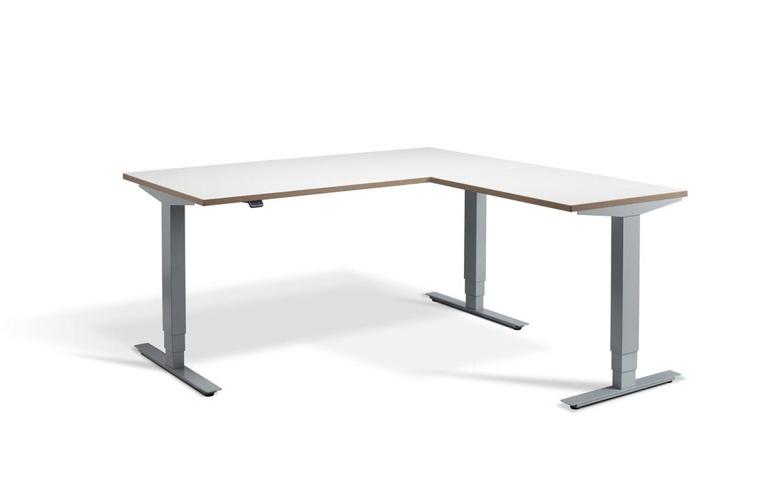 Advance Height Adjustable Corner Desk Desking Lavoro Silver 1600 x 1600 White Ply Edge