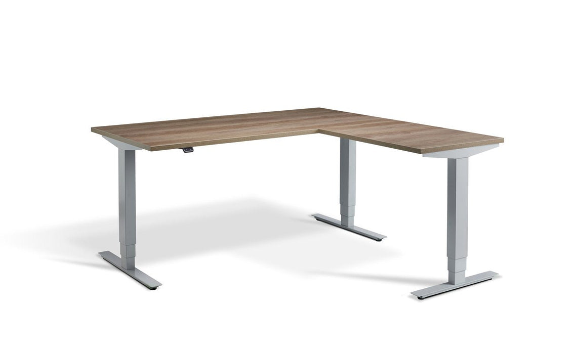 Advance Height Adjustable Corner Desk Desking Lavoro Silver 1800 x 1600 Grey Nebraska Oak