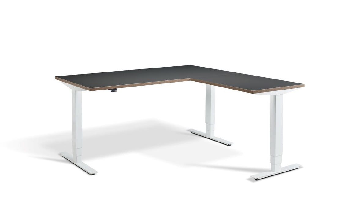 Advance Height Adjustable Corner Desk Desking Lavoro White 1600 x 1600 Graphite Ply Edge