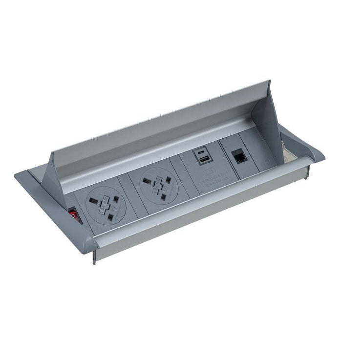 Aero fliptop in-table power module x UK sockets, 1 x RJ45 socket, 1 x twin USB fast charge - grey/silver Power Modules Dams 