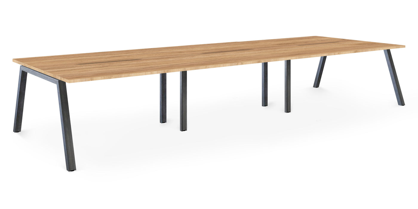 Albion A Frame Bench Desk Meeting Table - Raw Metal Frame BENCH DESKS Workstories 6 Person 4800mm x 1600mm Gold Craft Oak