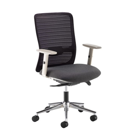 Arcade black mesh back operator chair with grey fabric seat, light grey frame and chrome base Seating Dams 