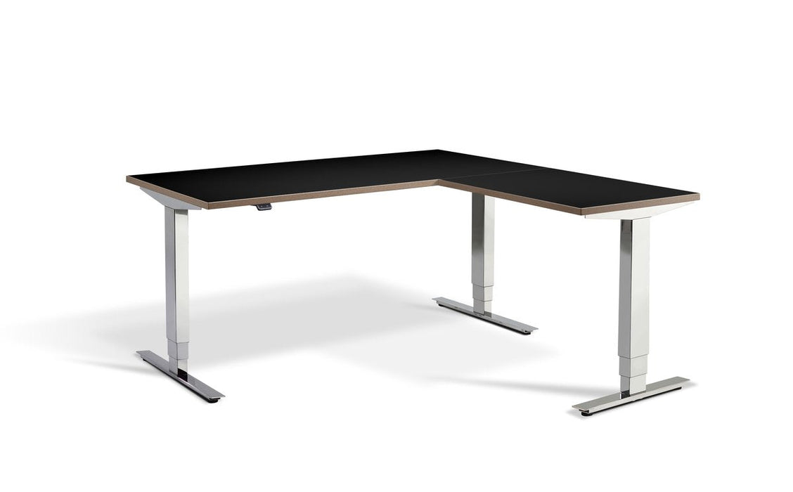 Cromo Polished Steel Height Adjustable Corner Desk Desking Lavoro 1600 x 1600 Black Ply Edge 