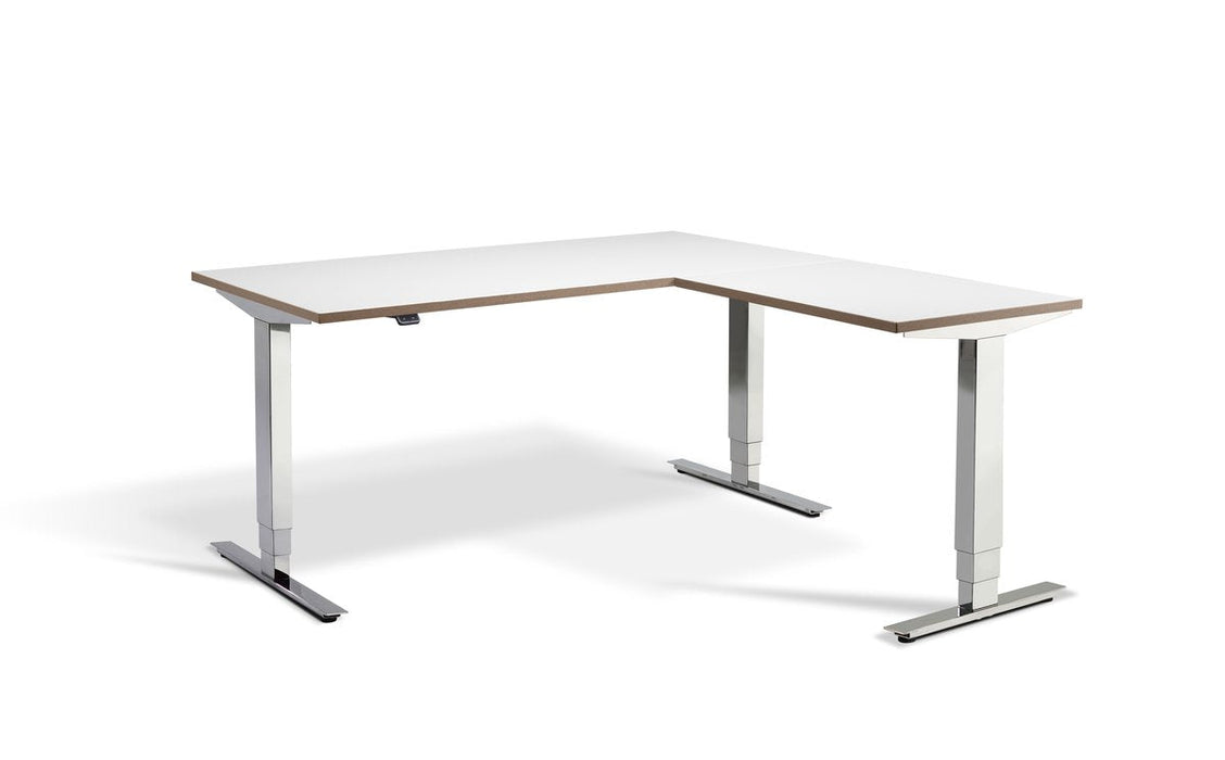 Cromo Polished Steel Height Adjustable Corner Desk Desking Lavoro 1600 x 1600 White Ply Edge 