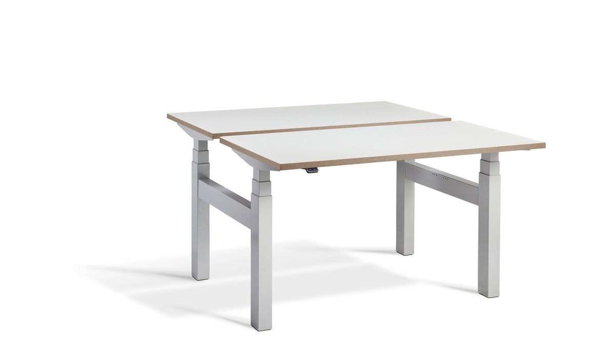 Duo Height Adjustable Bench System Desking Lavoro 1200 x 800 Silver White Ply Edge