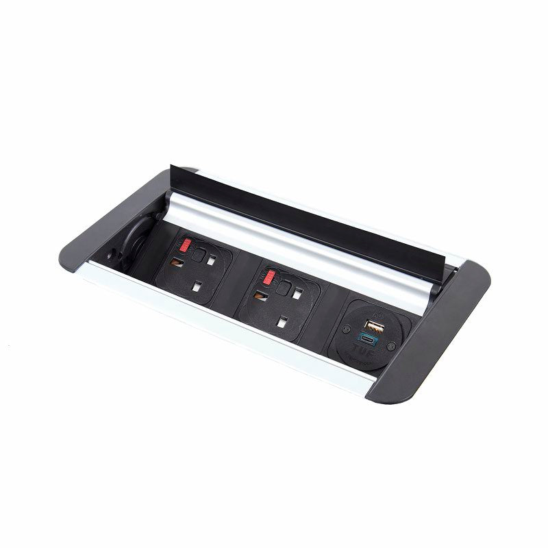 Eclipse in desk rollover power module 2 x UK sockets, 1 x TUF (A&C connectors) USB charger - black/silver