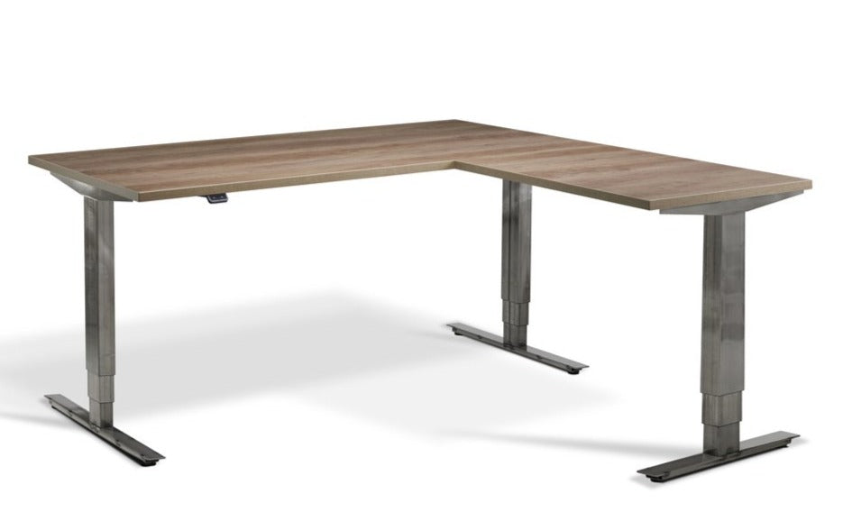 Forge Raw Steel Height Adjustable Corner Desk Desking Lavoro 1600 x 1600 Grey Nebraska Oak 