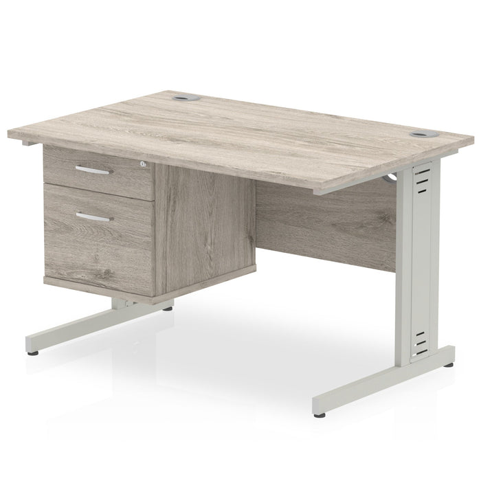 Impulse 1200mm Cable Managed Straight Desk With Fixed Pedestal Workstations Dynamic Office Solutions Grey Oak 2 Drawer Silver