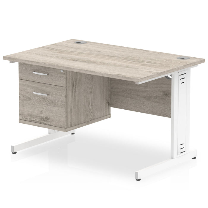 Impulse 1200mm Cable Managed Straight Desk With Fixed Pedestal Workstations Dynamic Office Solutions Grey Oak 2 Drawer White