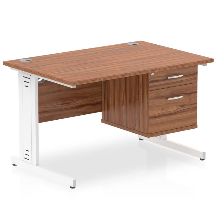 Impulse 1200mm Cable Managed Straight Desk With Fixed Pedestal Workstations Dynamic Office Solutions WALNUT 2 Drawer White