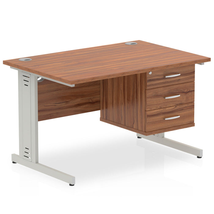 Impulse 1200mm Cable Managed Straight Desk With Fixed Pedestal Workstations Dynamic Office Solutions WALNUT 3 Drawer Silver