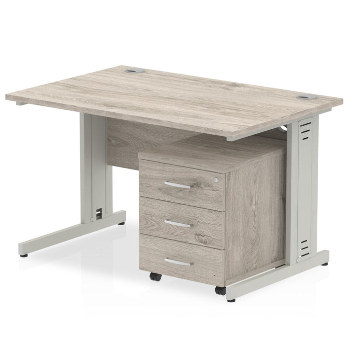 Impulse 1200mm Cable Managed Straight Desk With Mobile Pedestal Workstations Dynamic Office Solutions Grey Oak 3 Drawer Silver