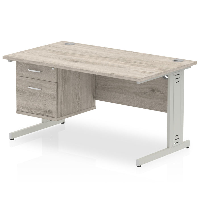 Impulse 1400mm Cable Managed Straight Desk With Fixed Pedestal Workstations Dynamic Office Solutions Grey Oak 2 Drawer Silver