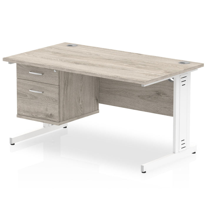 Impulse 1400mm Cable Managed Straight Desk With Fixed Pedestal Workstations Dynamic Office Solutions Grey Oak 2 Drawer White