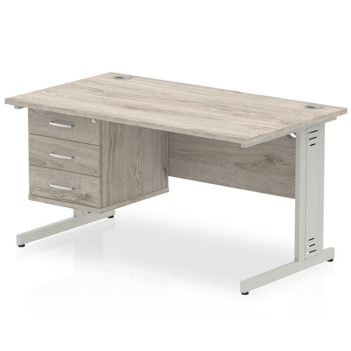 Impulse 1400mm Cable Managed Straight Desk With Fixed Pedestal Workstations Dynamic Office Solutions Grey Oak 3 Drawer Silver