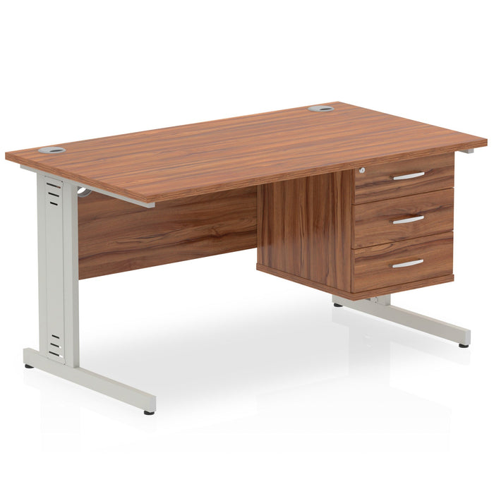 Impulse 1400mm Cable Managed Straight Desk With Fixed Pedestal Workstations Dynamic Office Solutions WALNUT 3 Drawer Silver