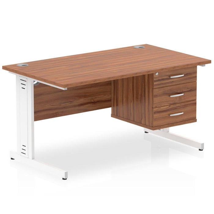 Impulse 1400mm Cable Managed Straight Desk With Fixed Pedestal Workstations Dynamic Office Solutions WALNUT 3 Drawer White