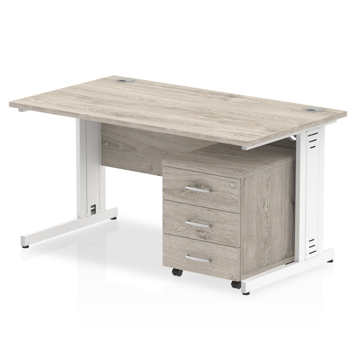 Impulse 1400mm Cable Managed Straight Desk With Mobile Pedestal Workstations Dynamic Office Solutions Grey Oak 2 Drawer Silver