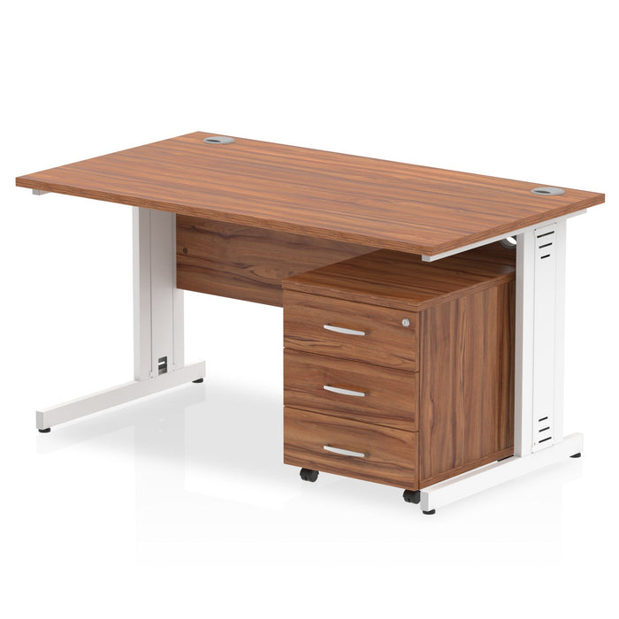 Impulse 1400mm Cable Managed Straight Desk With Mobile Pedestal Workstations Dynamic Office Solutions Walnut 2 Drawer Silver