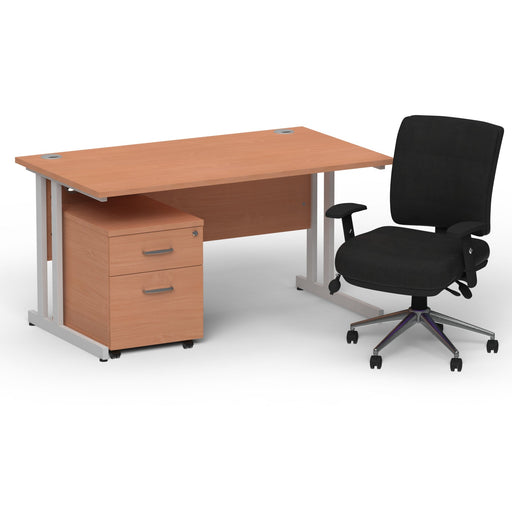 Impulse 1400mm Cantilever Straight Desk With Mobile Pedestal and Chiro Medium Back Black Operator Chair Impulse Bundles Dynamic Office Solutions Beech Silver 2