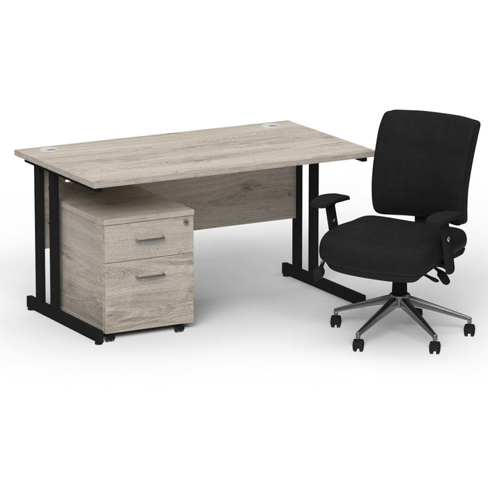 Impulse 1400mm Cantilever Straight Desk With Mobile Pedestal and Chiro Medium Back Black Operator Chair Impulse Bundles Dynamic Office Solutions Grey Oak Black 2