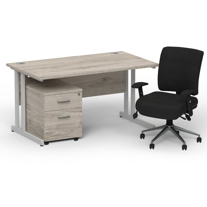 Impulse 1400mm Cantilever Straight Desk With Mobile Pedestal and Chiro Medium Back Black Operator Chair Impulse Bundles Dynamic Office Solutions Grey Oak Silver 2