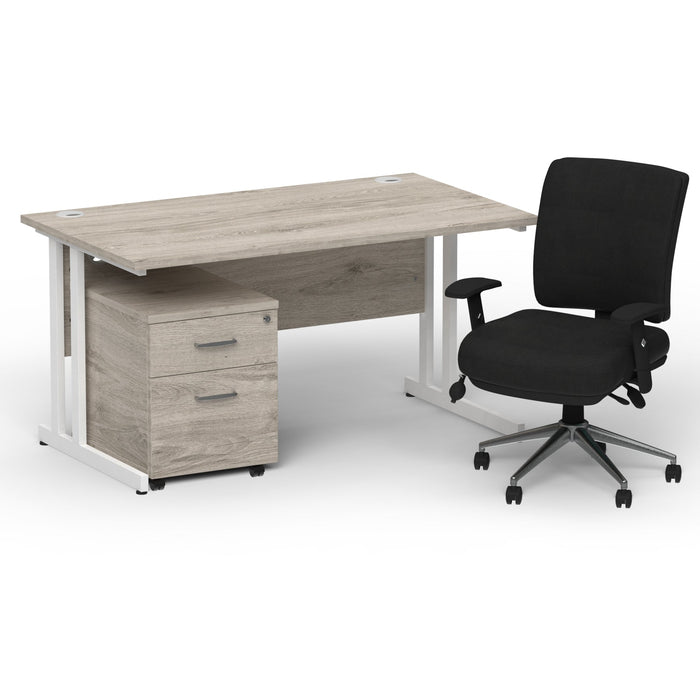 Impulse 1400mm Cantilever Straight Desk With Mobile Pedestal and Chiro Medium Back Black Operator Chair Impulse Bundles Dynamic Office Solutions Grey Oak White 2