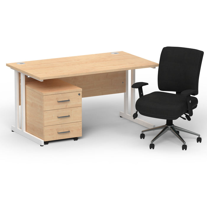 Impulse 1400mm Cantilever Straight Desk With Mobile Pedestal and Chiro Medium Back Black Operator Chair Impulse Bundles Dynamic Office Solutions Maple White 3