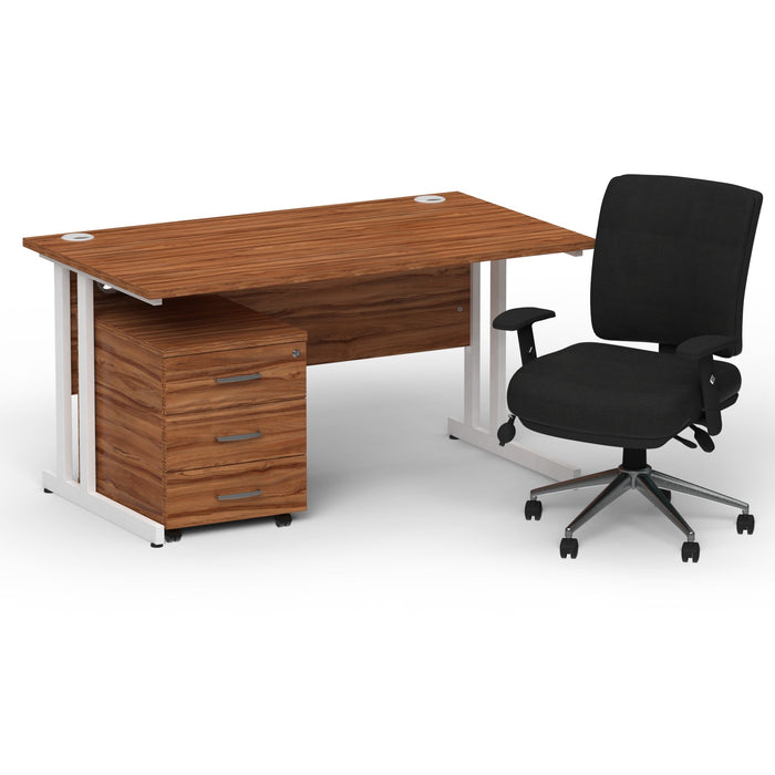Impulse 1400mm Cantilever Straight Desk With Mobile Pedestal and Chiro Medium Back Black Operator Chair Impulse Bundles Dynamic Office Solutions Walnut White 3