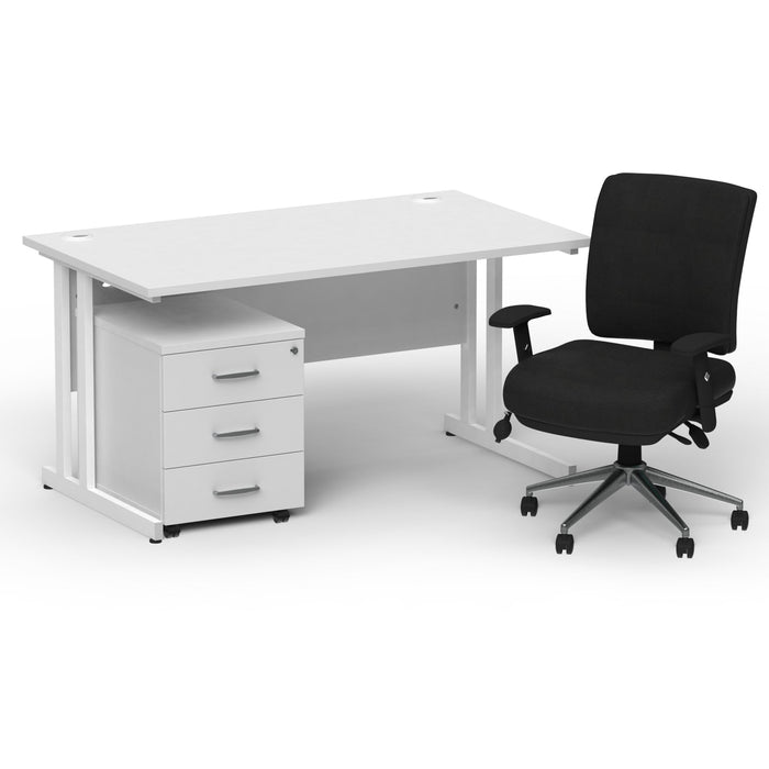 Impulse 1400mm Cantilever Straight Desk With Mobile Pedestal and Chiro Medium Back Black Operator Chair Impulse Bundles Dynamic Office Solutions White White 3