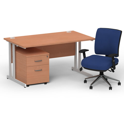 Impulse 1400mm Cantilever Straight Desk With Mobile Pedestal and Chiro Medium Back Blue Operator Chair Impulse Bundles Dynamic Office Solutions Beech Silver 2
