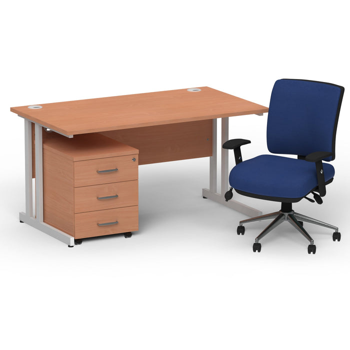 Impulse 1400mm Cantilever Straight Desk With Mobile Pedestal and Chiro Medium Back Blue Operator Chair Impulse Bundles Dynamic Office Solutions Beech Silver 3
