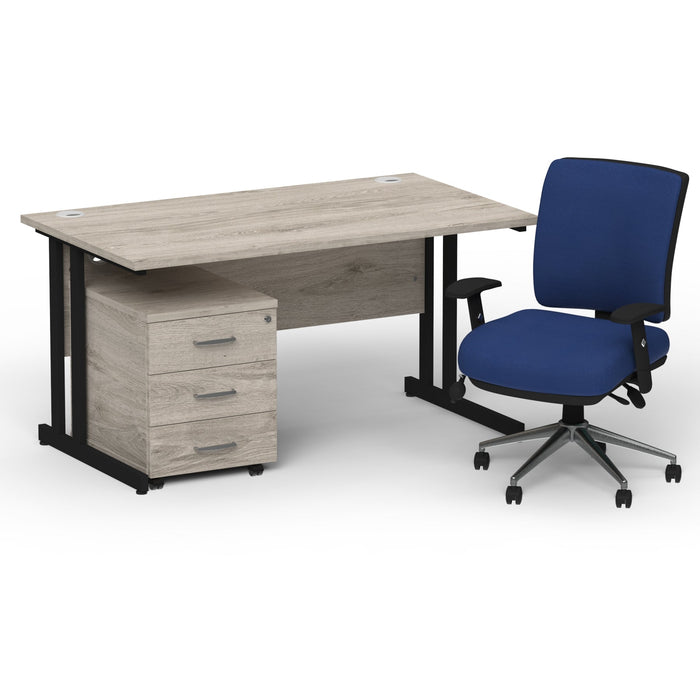 Impulse 1400mm Cantilever Straight Desk With Mobile Pedestal and Chiro Medium Back Blue Operator Chair Impulse Bundles Dynamic Office Solutions Grey Oak Black 3