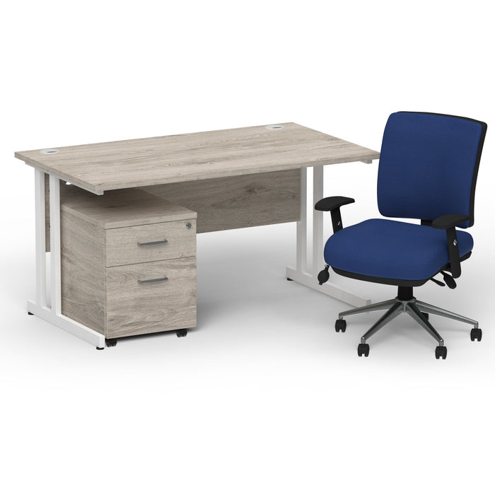 Impulse 1400mm Cantilever Straight Desk With Mobile Pedestal and Chiro Medium Back Blue Operator Chair Impulse Bundles Dynamic Office Solutions Grey Oak White 2
