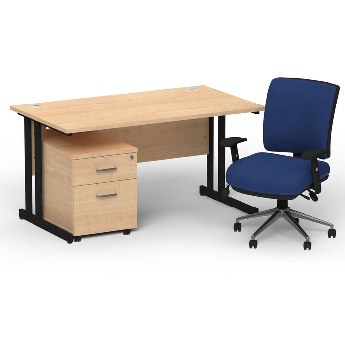 Impulse 1400mm Cantilever Straight Desk With Mobile Pedestal and Chiro Medium Back Blue Operator Chair Impulse Bundles Dynamic Office Solutions Maple Black 2